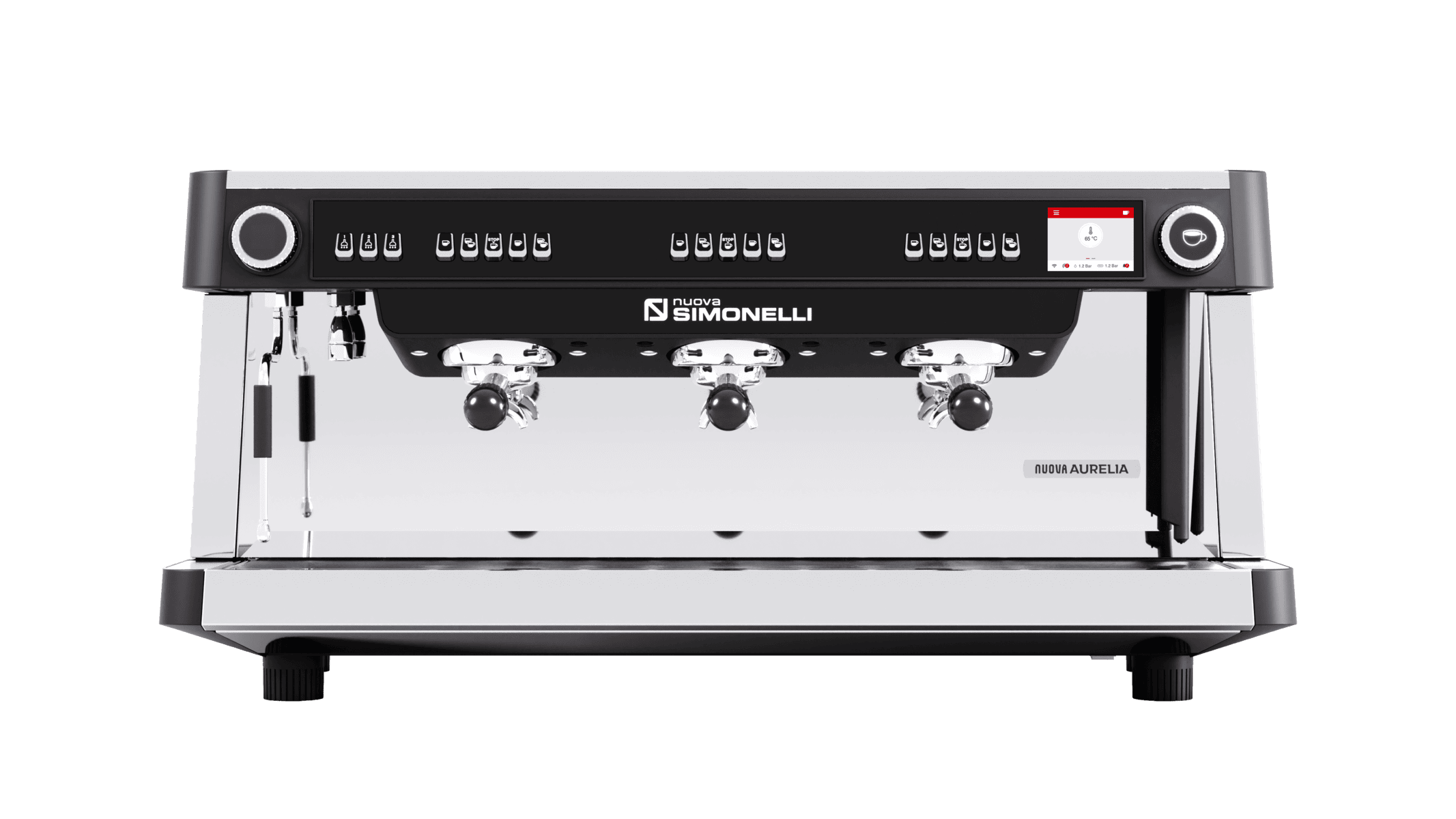 Treehouse coffee. A sleek, stainless steel espresso machine with three group heads. It has multiple buttons for controls on the front, and is branded with Nuova Simonelli. The design is modern and professional, ideal for a café setting.