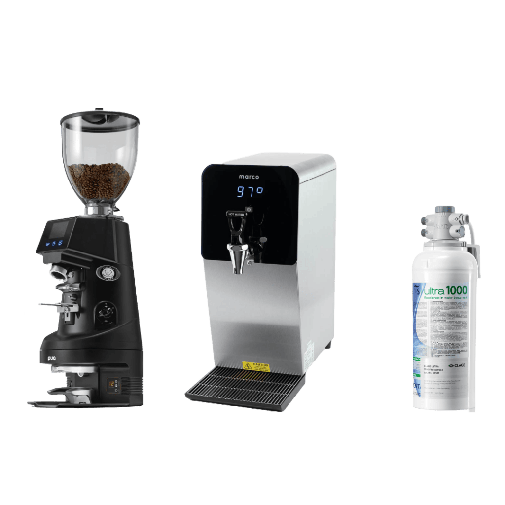 Treehouse coffee. Coffee grinder with a bean hopper, silver hot water dispenser with digital display and tap, and a water filter with attached tubing, all set against a plain background.