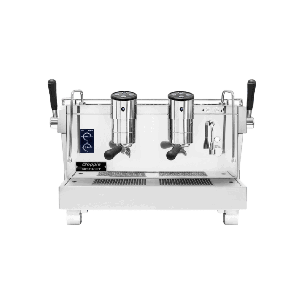 Treehouse coffee. Commercial espresso machine with two group heads, steam wands, and a sleek stainless steel design. It features a display and control buttons on the front panel. The machine is set against a plain white background.