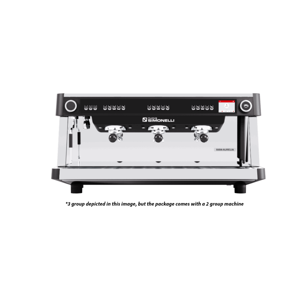 Treehouse coffee. Image of a black and silver Simonelli espresso machine with multiple buttons and two groupheads, used for brewing espresso. A note below the machine mentions a discrepancy between the depicted three-group model and the offered two-group package.