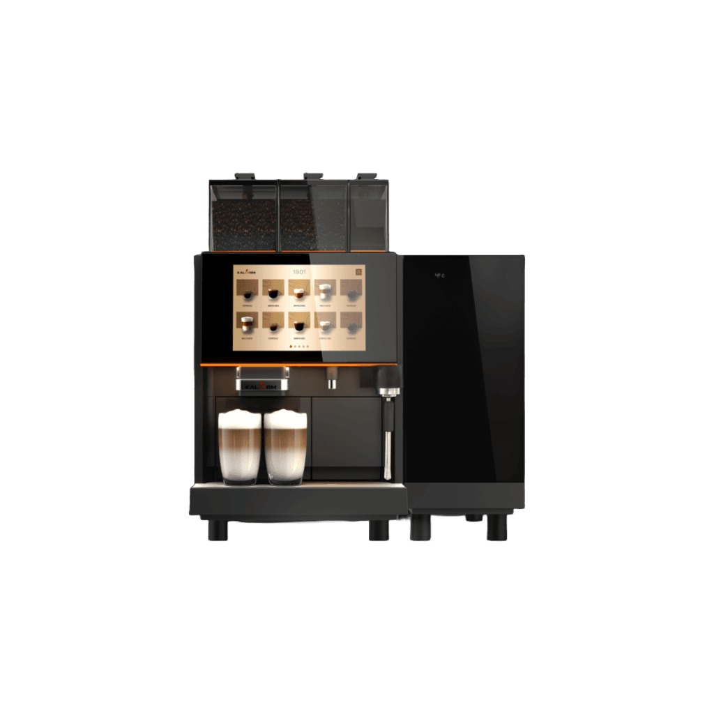 Treehouse coffee. Commercial coffee machine with a digital display screen showing various drink options, two glasses filled with frothy beverages, and compartments on top for coffee beans. The machine has a sleek black design with a chrome faucet.