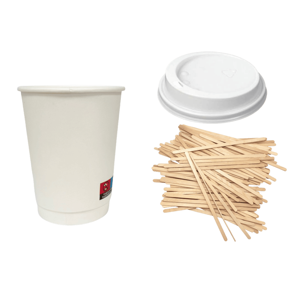 Treehouse coffee. White takeaway coffee cup beside a white lid and a pile of wooden stir sticks on a plain background.