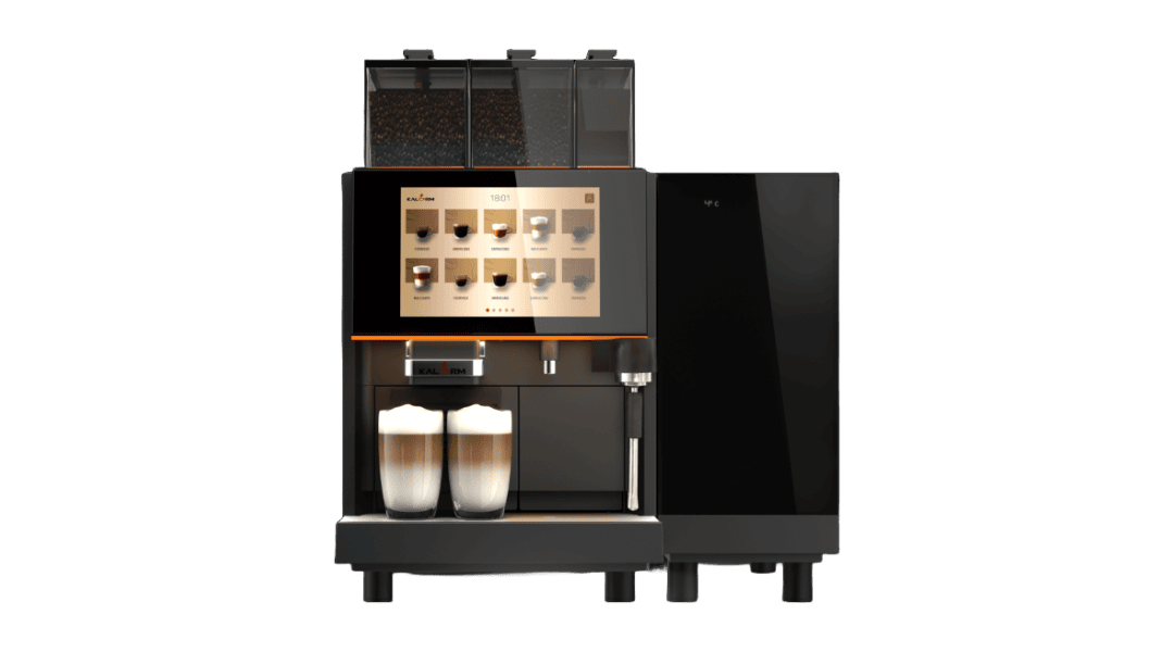 Treehouse coffee. A sleek, modern coffee machine with a digital display showing various coffee options. It dispenses two cups of latte, with milk froth on top, under the spouts. The machine has compartments for beans and a stylish black and silver design.