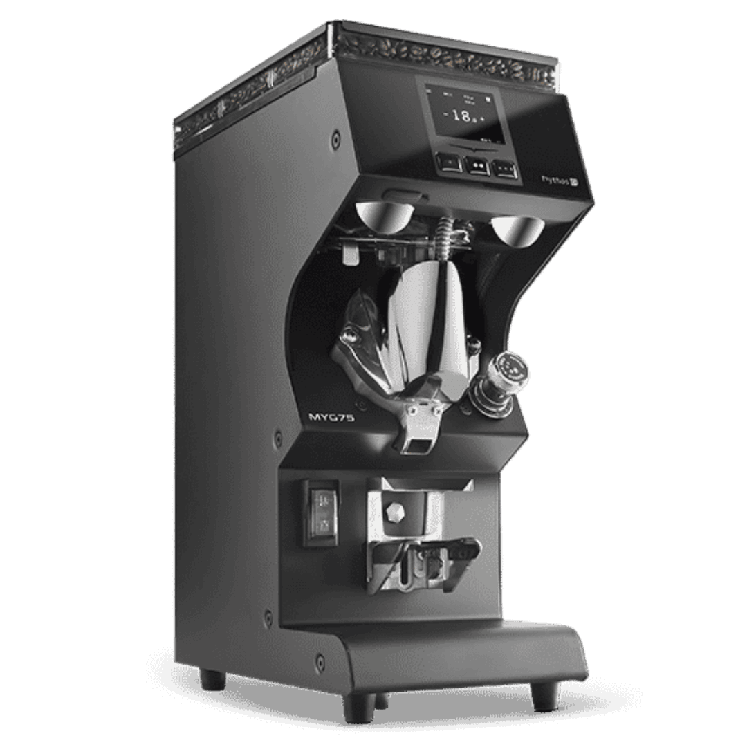 Treehouse coffee. A black, sleek espresso grinder with a digital display showing settings. The machine has a modern, angular design with a metal dispensing chute and a small drawer at the bottom.