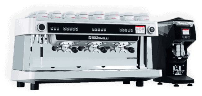 Treehouse coffee. A large professional espresso machine with multiple group heads, a sleek design, and stainless steel finish is connected to a black coffee grinder. Numerous cups are placed on top of the machine.