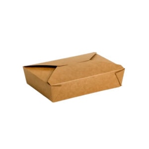 This image contains a picture of a foldable brown biobox intended for food takeaway from a restaurant.