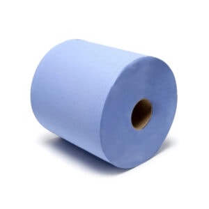 This image contains one roll of blue coloured paper towels.