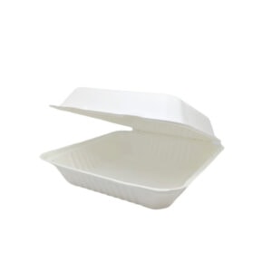 This image contains one white paper meal box used to take food away.