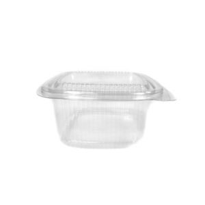 This image includes a single clear plasti container used to take away salads from a restaurant.