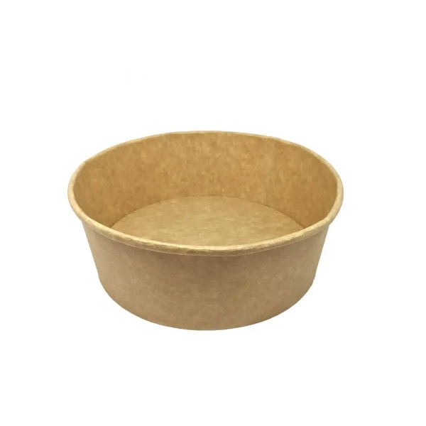 This image contains one brown kraft paper bowl, no lid intended for takeaway salads from a restaurant.