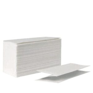 A stack of paper z folded hand towels sits alone, with one unfolded hand towel in front of the stack to show the z fold.