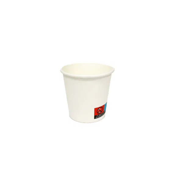 White 4-ounce paper cup with a small red and blue label on the front.