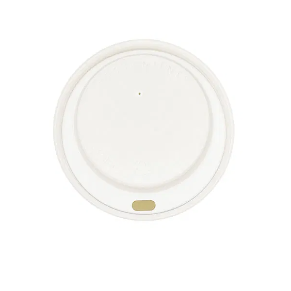 White disposable plastic lid with a small sipping hole and a tiny vent hole near the center.