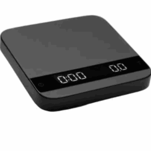 Badger and Dodo Coffee Roasters: The Acaia Lunar - Black (2021) is a sleek digital kitchen scale with a glossy surface and dual LED displays showing 0.00. Its minimalist design includes touch-sensitive buttons for precise measurements, reminiscent of classic Acaia elegance.
