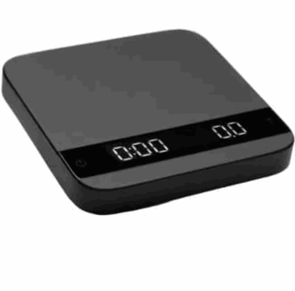 Badger and Dodo Coffee Roasters: The Acaia Lunar - Black (2021) is a sleek digital kitchen scale with a glossy surface and dual LED displays showing 0.00. Its minimalist design includes touch-sensitive buttons for precise measurements, reminiscent of classic Acaia elegance.