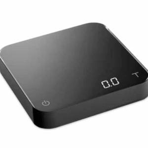 Badger and Dodo Coffee Roasters: The Acaia Pearl - Black (2021) digital kitchen scale has a sleek, modern design with elegantly rounded edges and a clear LED display reading 0.0. It features a power button in the lower left corner.