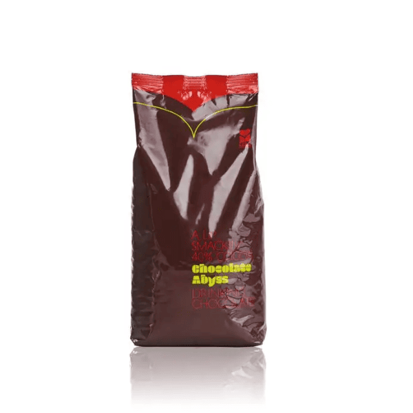 Badger and Dodo Coffee Roasters: A 1kg Chocolate Abyss 40% Hot Chocolate bag displays a harmonious blend of brown and red hues with yellow and white text on the front, all set against a white background.