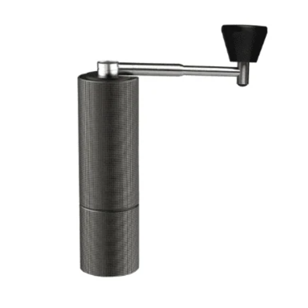 Badger & Dodo. The Grinder Chestnut C2 MAX Foldable Black-Timemore is a stylish manual grinder with a cylindrical metal body and a foldable side crank handle for easy use and storage.