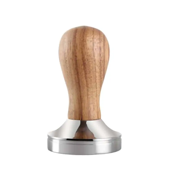Badger and Dodo Coffee Roasters: The 58mm Cherry Wood Tamper features a cherry wood handle with a smooth finish and a flat metal base, standing upright against a white background. The shiny, reflective base lends an elegant touch.