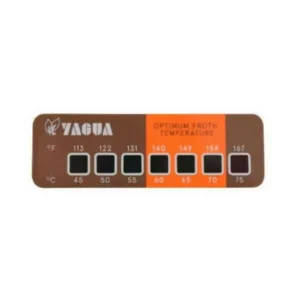 Badger and Dodo Coffee Roasters: The Liquid Crystal Thermometer strip by VAGUA shows optimum froth temperatures for espresso machines, with dual measurements of 113°F to 167°F and 45°C to 75°C, featuring an orange highlight for ideal range, ensuring perfect consistency in every cup.