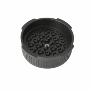 Black plastic or rubber grinder lid with a textured inner surface featuring interlocking teeth for Aeropress