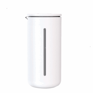 A front view of a sleek, white French press coffee maker with a narrow transparent vertical window indicating the fill level.