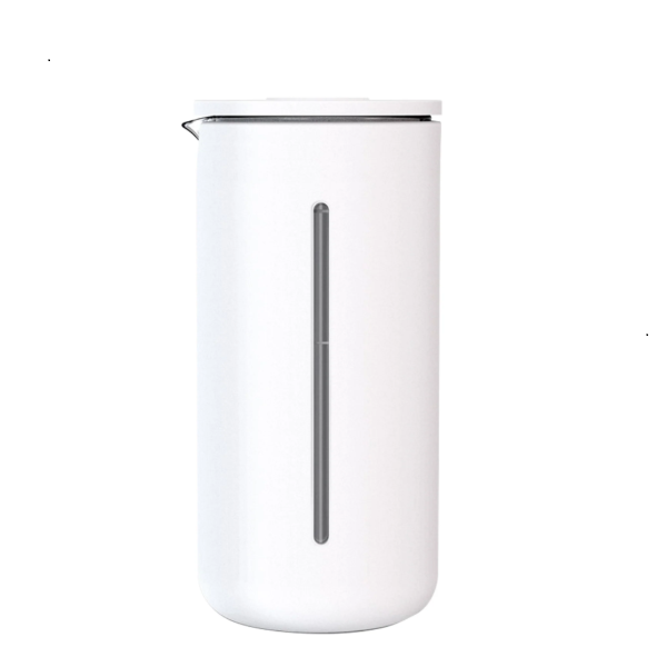 A front view of a sleek, white French press coffee maker with a narrow transparent vertical window indicating the fill level.