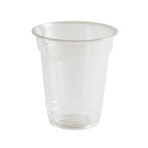 A clear, empty plastic cup with a slightly flared rim, shown on a white background.