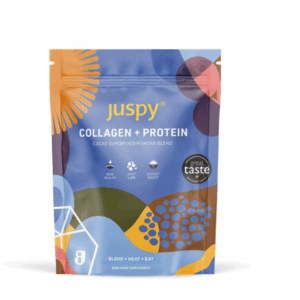 Badger & Dodo. A vibrant Juspy Collagen+Protein Powder-400g pouch features abstract designs and prominent protein details on the front.