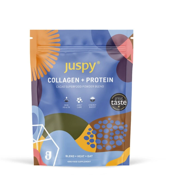 Badger & Dodo. A vibrant Juspy Collagen+Protein Powder-400g pouch features abstract designs and prominent protein details on the front.