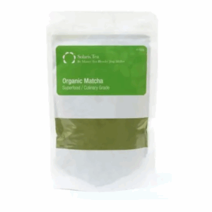 Badger and Dodo Coffee Roasters: A white package of Solaris Tea Green Matcha 100g is displayed, with a green label denoting it as a superfood and culinary grade.
