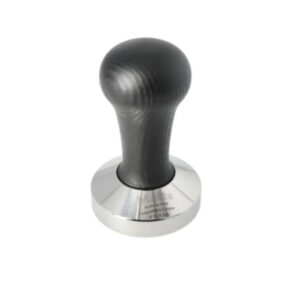 A sleek coffee tamper with a wooden handle and stainless steel base, ideal for espresso preparation.