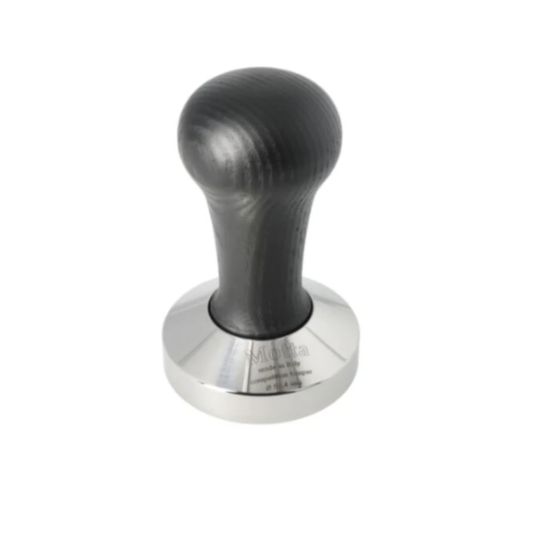 A sleek coffee tamper with a wooden handle and stainless steel base, ideal for espresso preparation.