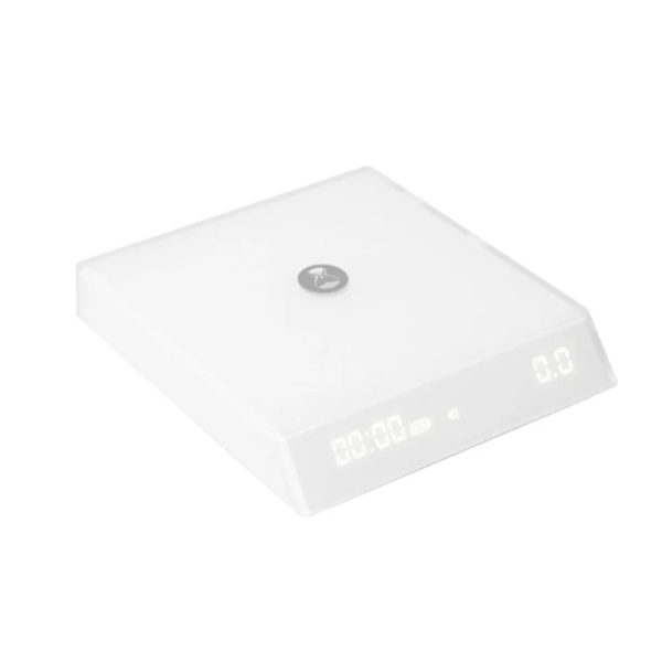 Badger & Dodo. The Mirror Nano White - Timemore is a sleek digital kitchen scale in white, featuring a clear zeroed display against a plain white background.