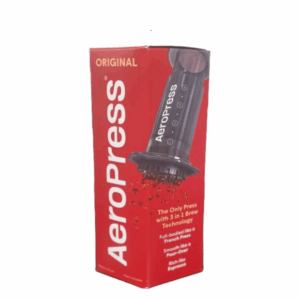 Badger & Dodo. Red Aeropress Starter Kit box displays the coffee maker in use, labeled “Original” with key features highlighted. Ideal for new Aeropress users.