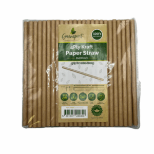 Package of Greensprit 4-ply kraft paper straws, size 8x197mm, containing over 100 straws. The packaging highlights features including extra strength, biodegradable materials, food-safe certification, and no plastic lining. The straws are natural brown in color and packed in clear plastic wrapping.
