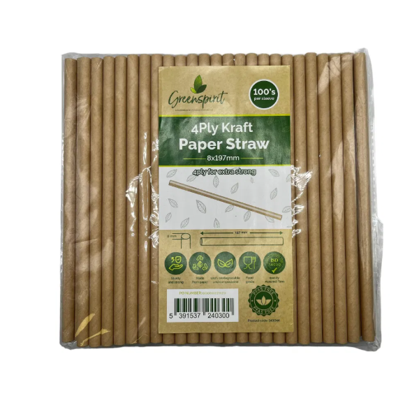 Package of Greensprit 4-ply kraft paper straws, size 8x197mm, containing over 100 straws. The packaging highlights features including extra strength, biodegradable materials, food-safe certification, and no plastic lining. The straws are natural brown in color and packed in clear plastic wrapping.
