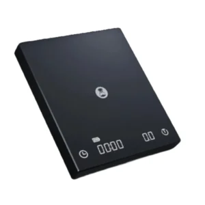 Badger & Dodo. The Scale Black Mirror Plus 2 - Timemore is a sleek black digital coffee scale with touch buttons and a compact display, ideal for precise brewing, displayed on a white background.