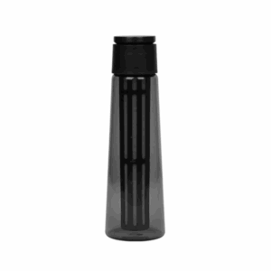 A black cold brew coffee maker with a cylindrical shape, featuring a transparent lower body and a built-in vertical filter visible inside. The top is capped with a matte black lid.