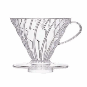 Badger and Dodo Coffee Roasters: The Hario V60 Dripper is a see-through, cone-shaped coffee brewer with vertical ridges and a handle, ideal for manual pour-over brewing. It features a flat base that fits perfectly on your favorite cup or carafe.