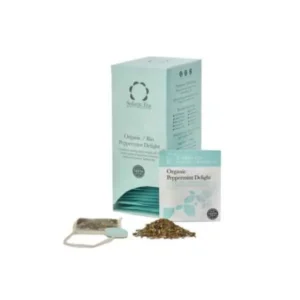 Badger and Dodo Coffee Roasters: A teal box of Solaris Tea labeled Organic Peppermint Delight stands next to a tea sachet and some loose peppermint leaves, exuding an aroma that promises delight. A small packet with matching branding sits invitingly in front of the box.