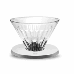 Badger & Dodo. The Timemore Filter V01 Glass - Crystal Eye features a clear, ridged cone on a white round flat holder, designed to fit easily on a scale, shown against a white background.