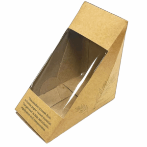 Brown recyclable cardboard sandwich wedge packaging with a clear biodegradable window, designed for displaying and storing sandwiches