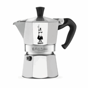 A silver Bialetti Moka Express stovetop espresso maker with a black handle and knob, featuring the Bialetti logo and 'Moka Express Made in Italy' engraved on the upper chamber.