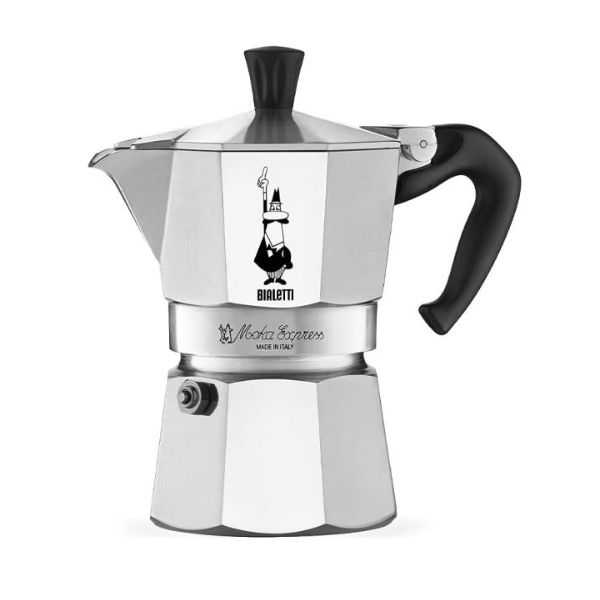 A silver Bialetti Moka Express stovetop espresso maker with a black handle and knob, featuring the Bialetti logo and 'Moka Express Made in Italy' engraved on the upper chamber.
