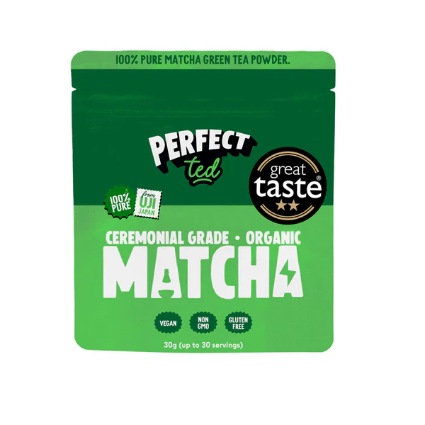 Perfect Ted Ceremonial Grade Organic Matcha green tea powder packaging, 30g. The pouch is green with labels highlighting '100% pure from Japan,' 'Vegan,' 'Non-GMO,' 'Gluten-Free,' and a 'Great Taste' award badge.