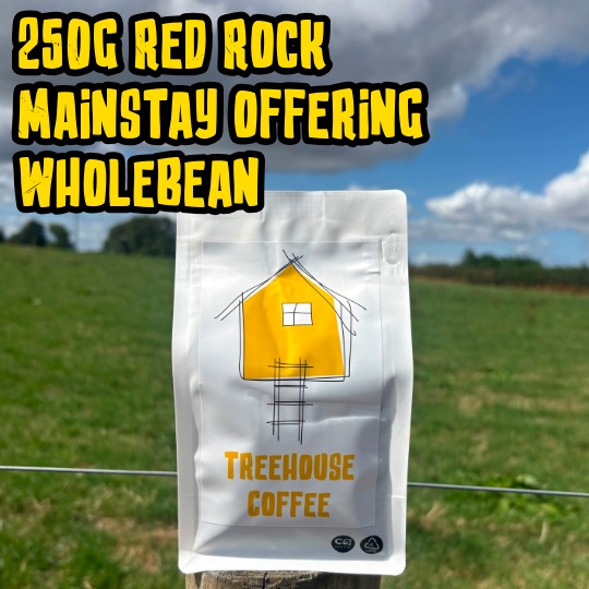 Treehouse coffee. A yellow bag of Treehouse Coffees Red Rock MainstayOffering is perched on a wooden post in front of a blurred grassy field. The bag features a simple house illustration and text indicating 250g of fresh roasted, whole bean coffee.
